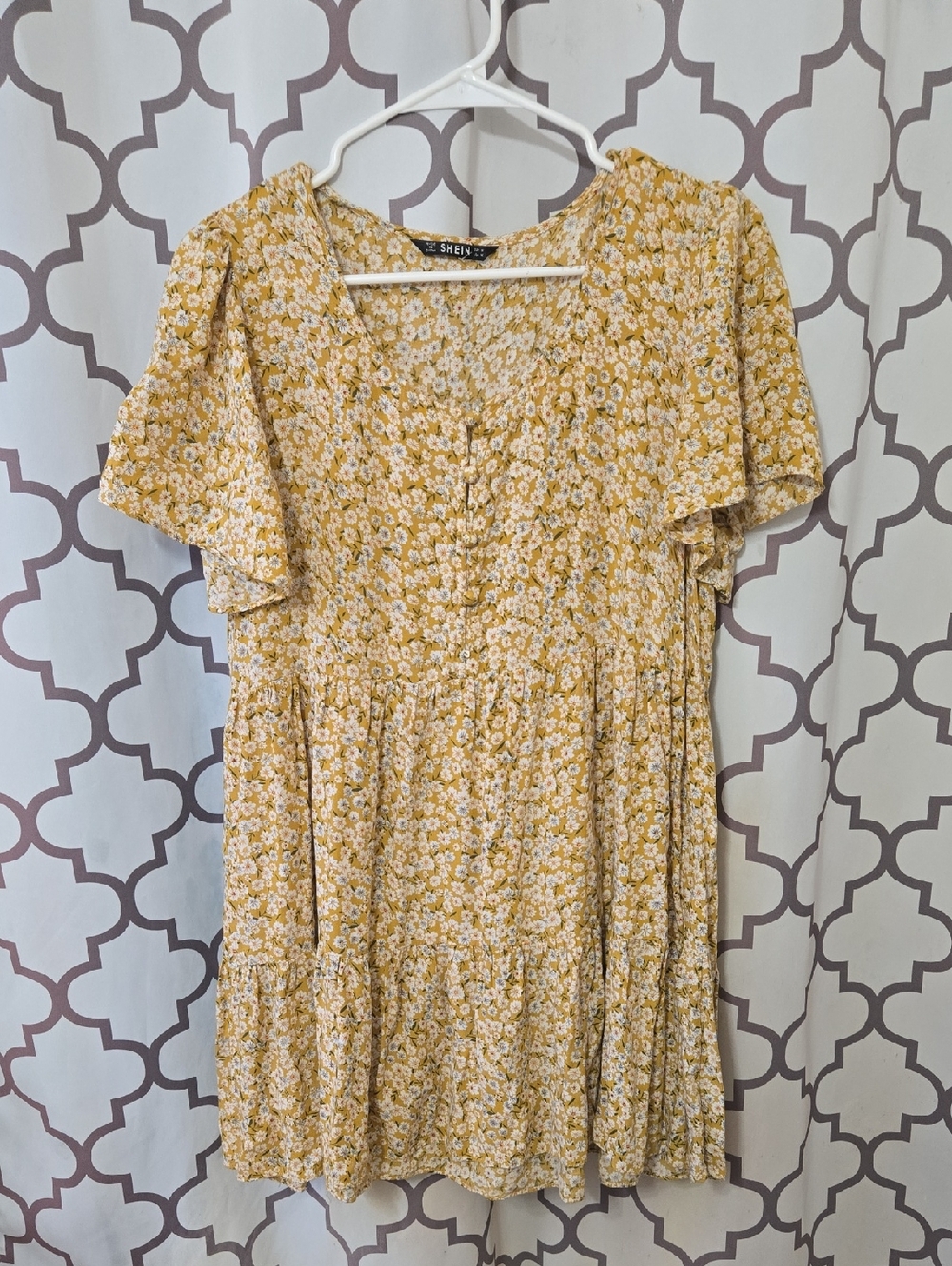 SHEIN Yellow Floral Button-Front Tiered Mini Dress